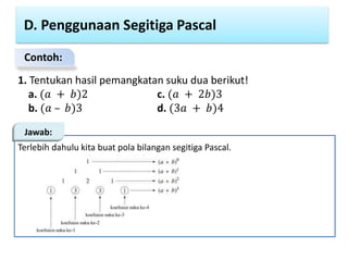 D. Penggunaan Segitiga Pascal
Contoh:
1. Tentukan hasil pemangkatan suku dua berikut!
a. (𝑎 + 𝑏)2 c. (𝑎 + 2𝑏)3
b. (𝑎 – 𝑏)3 d. (3𝑎 + 𝑏)4
Terlebih dahulu kita buat pola bilangan segitiga Pascal.
Jawab:
 