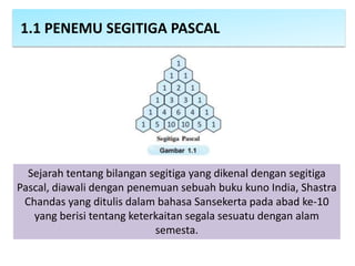 Sejarah tentang bilangan segitiga yang dikenal dengan segitiga
Pascal, diawali dengan penemuan sebuah buku kuno India, Shastra
Chandas yang ditulis dalam bahasa Sansekerta pada abad ke-10
yang berisi tentang keterkaitan segala sesuatu dengan alam
semesta.
1.1 PENEMU SEGITIGA PASCAL
 