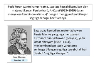 Pada kurun waktu hampir sama, segitiga Pascal ditemukan oleh
matematikawan Persia (Iran), Al-Karaji (953−1029) dalam
menyelesaikan binomial (x + y)n dengan menggunakan bilangan
segitiga sebagai koefisiennya.
Satu abad kemudian, matematikawan
Persia lainnya yang juga merupakan
astronom dan sastrawan (penyair), yaitu
Omar Khayyam (1048−1131),
mengembangkan topik yang sama
sehingga bilangan segitiga tersebut di Iran
disebut “segitiga Khayyam”.
 