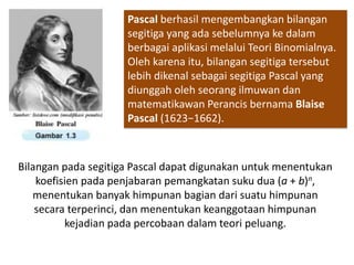Pascal berhasil mengembangkan bilangan
segitiga yang ada sebelumnya ke dalam
berbagai aplikasi melalui Teori Binomialnya.
Oleh karena itu, bilangan segitiga tersebut
lebih dikenal sebagai segitiga Pascal yang
diunggah oleh seorang ilmuwan dan
matematikawan Perancis bernama Blaise
Pascal (1623−1662).
Bilangan pada segitiga Pascal dapat digunakan untuk menentukan
koefisien pada penjabaran pemangkatan suku dua (a + b)n,
menentukan banyak himpunan bagian dari suatu himpunan
secara terperinci, dan menentukan keanggotaan himpunan
kejadian pada percobaan dalam teori peluang.
 