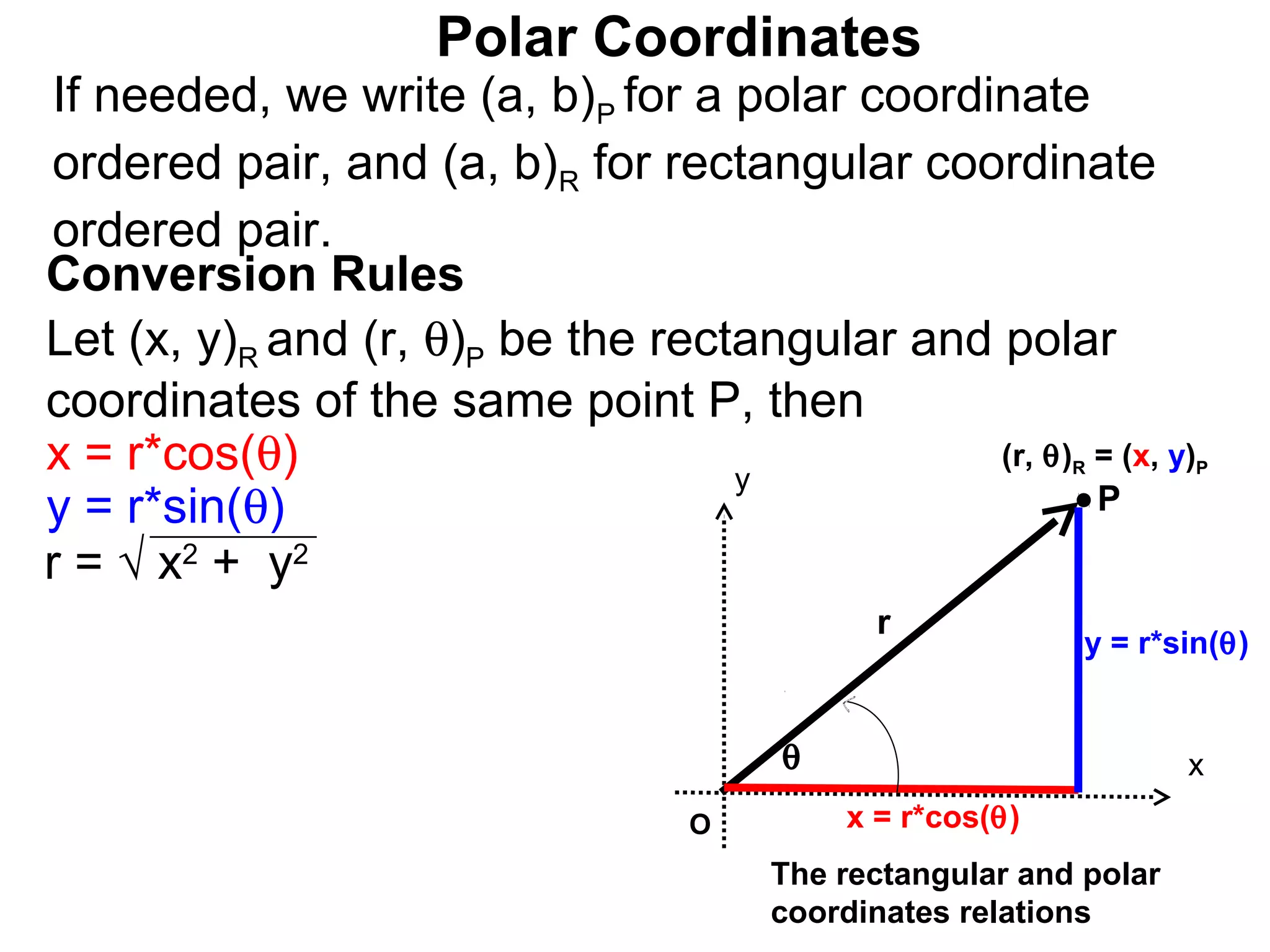 Polar Coordinates
If needed, we write (a, b)P for a polar coordinate
ordered pair, and (a, b)R for rectangular coordinate
ordered pair.
Conversion Rules
Let (x, y)R and (r, θ)P be the rectangular and polar
coordinates of the same point P, then
x = r*cos(θ)                       y
                                               (r, θ) = (x, y)
                                                          R        P

y = r*sin(θ)                                          P
r = √ x2 + y2
                                             r
                                                           y = r*sin(θ)


                                       θ                           x
                                  O        x = r*cos(θ)
                                       The rectangular and polar
                                       coordinates relations
 
