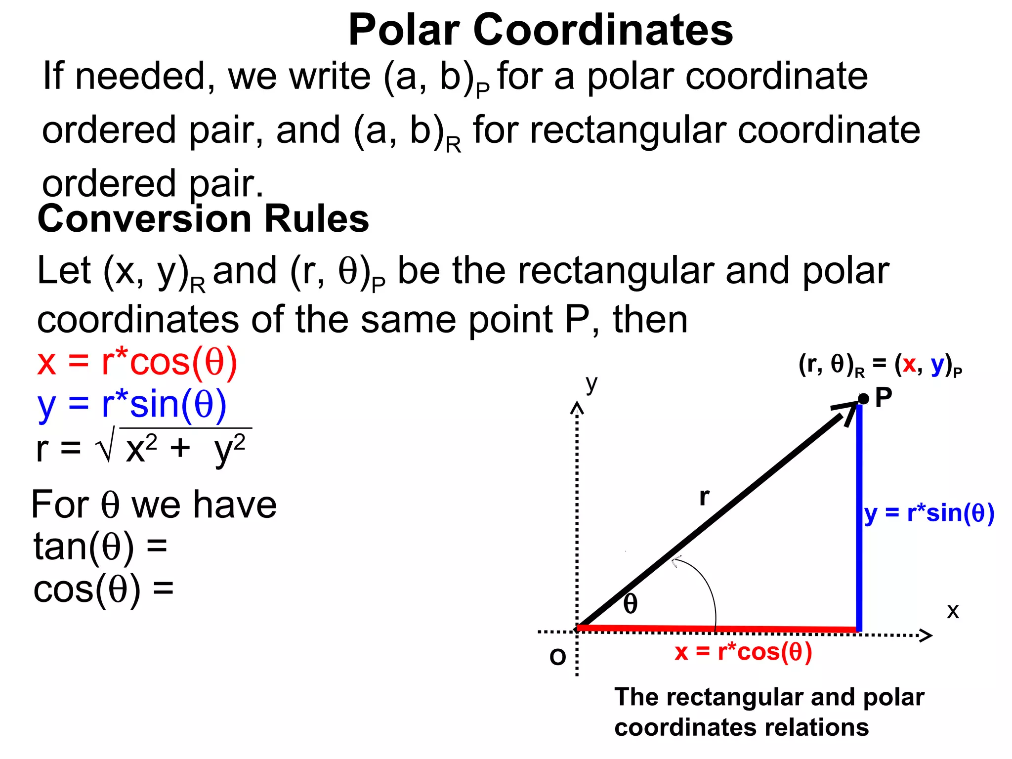 Polar Coordinates
 If needed, we write (a, b)P for a polar coordinate
 ordered pair, and (a, b)R for rectangular coordinate
 ordered pair.
Conversion Rules
Let (x, y)R and (r, θ)P be the rectangular and polar
coordinates of the same point P, then
x = r*cos(θ)                       y
                                               (r, θ) = (x, y)
                                                           R       P

y = r*sin(θ)                                           P
r = √ x2 + y2
For θ we have                             r
                                                      y = r*sin(θ)
tan(θ) =
cos(θ) =                             θ                        x
                                   O        x = r*cos(θ)
                                       The rectangular and polar
                                       coordinates relations
 