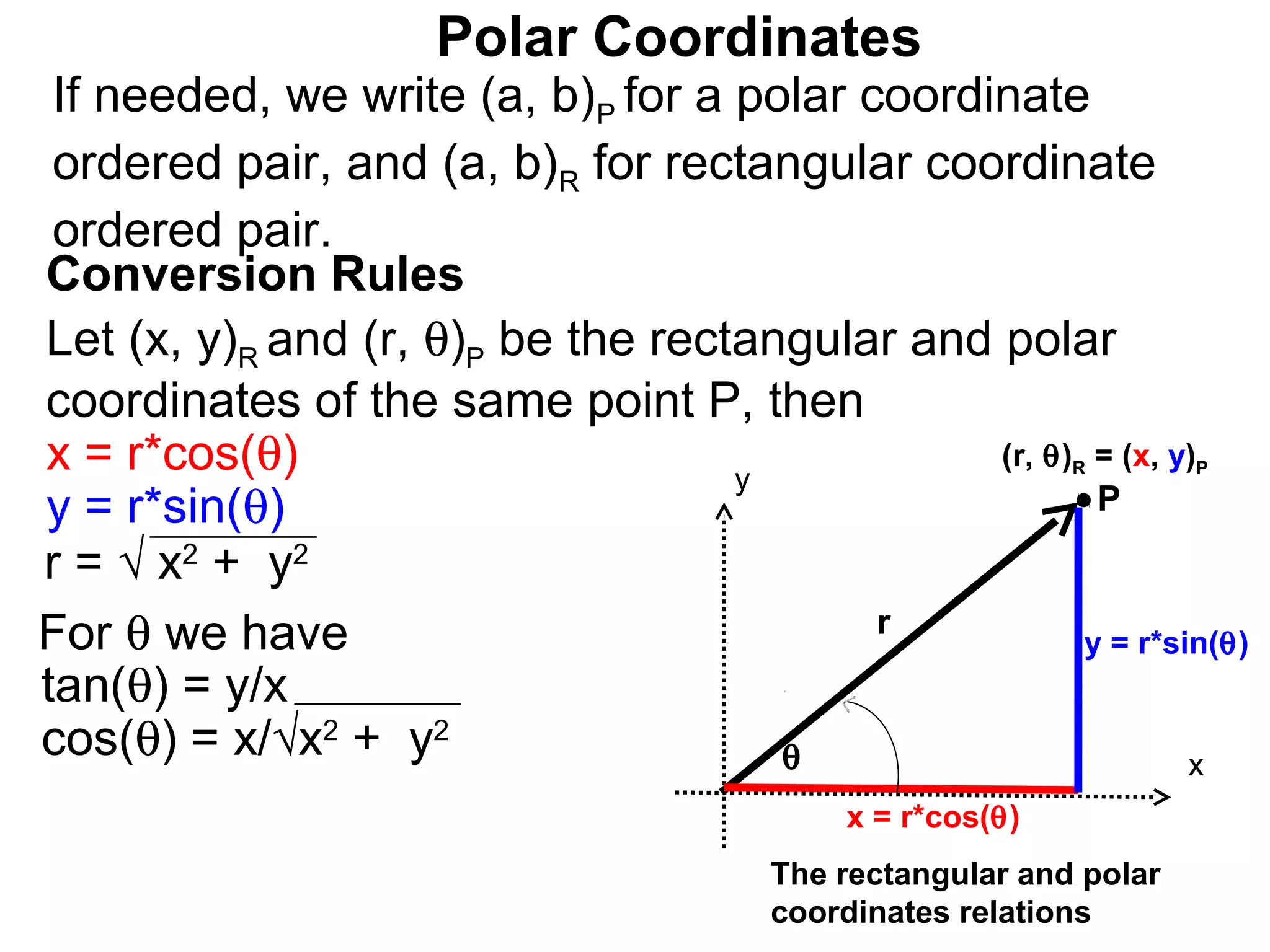 Polar Coordinates
 If needed, we write (a, b)P for a polar coordinate
 ordered pair, and (a, b)R for rectangular coordinate
 ordered pair.
Conversion Rules
Let (x, y)R and (r, θ)P be the rectangular and polar
coordinates of the same point P, then
x = r*cos(θ)                       y
                                               (r, θ) = (x, y)
                                                           R       P

y = r*sin(θ)                                           P
r = √ x2 + y2
For θ we have                             r
                                                      y = r*sin(θ)
tan(θ) = y/x
cos(θ) = x/√x2 + y2                  θ                        x
                                            x = r*cos(θ)
                                       The rectangular and polar
                                       coordinates relations
 