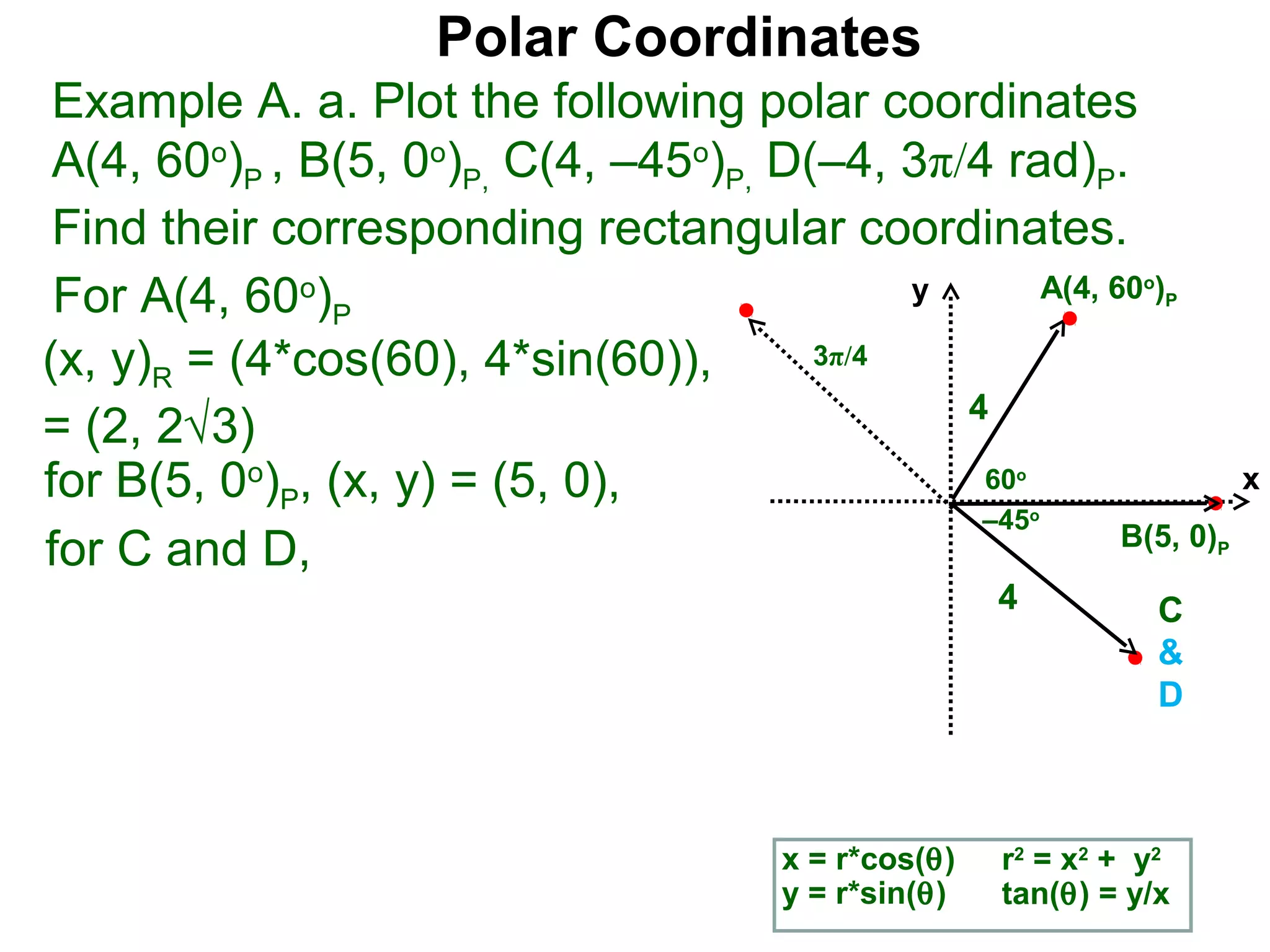 Polar Coordinates
 Example A. a. Plot the following polar coordinates
 A(4, 60o)P , B(5, 0o)P, C(4, –45o)P, D(–4, 3π/4 rad)P.
 Find their corresponding rectangular coordinates.
 For A(4, 60o)P                              y      A(4, 60 )    o
                                                                     P


(x, y)R = (4*cos(60), 4*sin(60)),       3π/4
                                               4
= (2, 2√3)
for B(5, 0o)P, (x, y) = (5, 0),                 60      o
                                                                             x
                                                –45         o
                                                          B(5, 0)
for C and D,                                                             P

                                                       4             C
                                                                     &
                                                                     D



                                        x = r*cos(θ)   r2 = x2 + y2
                                        y = r*sin(θ)   tan(θ) = y/x
 