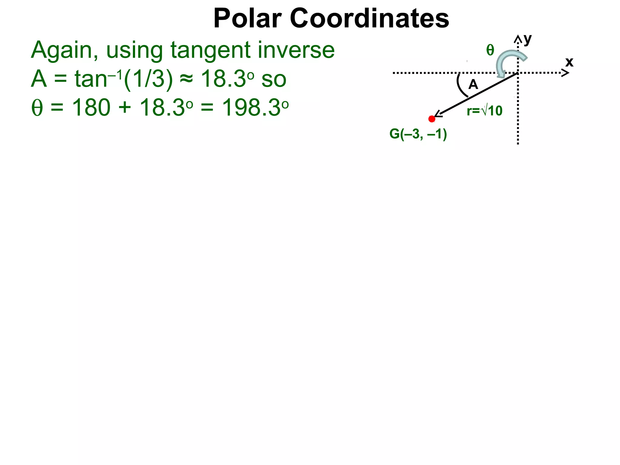Polar Coordinates
                                                   y
Again, using tangent inverse                   θ
                                                       x
A = tan–1(1/3) ≈ 18.3o so                  A
θ = 180 + 18.3o = 198.3o                   r=√10
                               G(–3, –1)
 