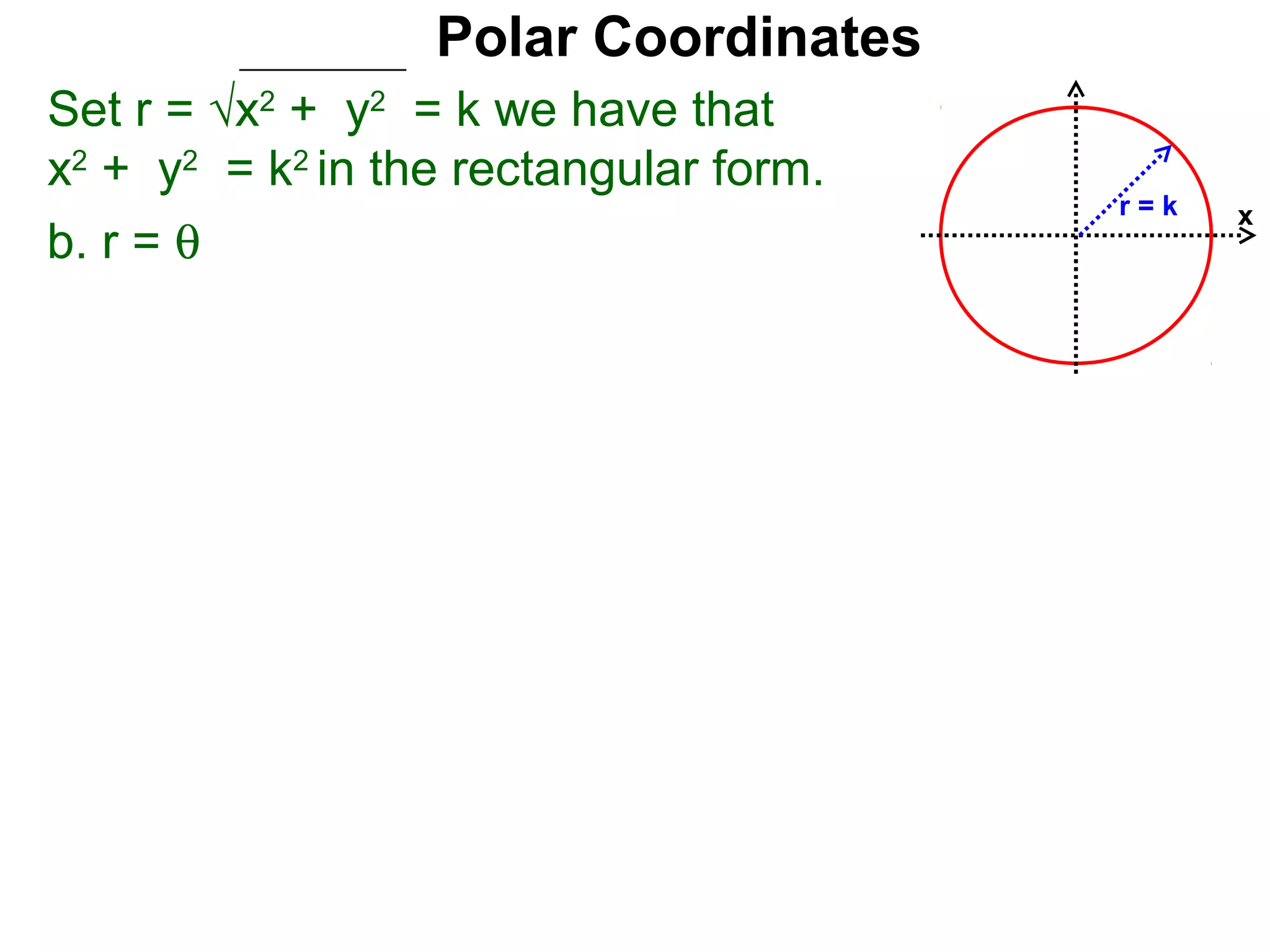 Polar Coordinates
Set r = √x2 + y2 = k we have that
x2 + y2 = k2 in the rectangular form.
                                        r=k   x
b. r = θ
 