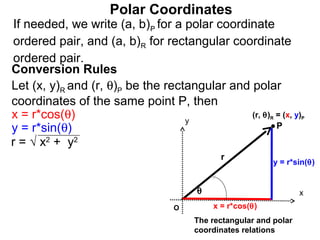 Polar Coordinates
If needed, we write (a, b)P for a polar coordinate
ordered pair, and (a, b)R for rectangular coordinate
ordered pair.
Conversion Rules
Let (x, y)R and (r, θ)P be the rectangular and polar
coordinates of the same point P, then
x = r*cos(θ)                       y
                                               (r, θ) = (x, y)
                                                          R        P

y = r*sin(θ)                                          P
r = √ x2 + y2
                                             r
                                                           y = r*sin(θ)


                                       θ                           x
                                  O        x = r*cos(θ)
                                       The rectangular and polar
                                       coordinates relations
 