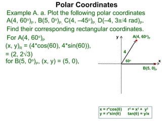 Polar Coordinates
 Example A. a. Plot the following polar coordinates
 A(4, 60o)P , B(5, 0o)P, C(4, –45o)P, D(–4, 3π/4 rad)P.
 Find their corresponding rectangular coordinates.
 For A(4, 60o)P                             y      A(4, 60 )    o
                                                                    P


(x, y)R = (4*cos(60), 4*sin(60)),
                                               4
= (2, 2√3)
for B(5, 0o)P, (x, y) = (5, 0),                 60     o
                                                                         x
                                                              B(5, 0)P




                                       x = r*cos(θ)   r2 = x2 + y2
                                       y = r*sin(θ)   tan(θ) = y/x
 