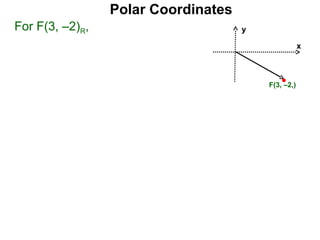Polar Coordinates
For F(3, –2)R,                       y

                                                     x



                                         F(3, –2,)
 