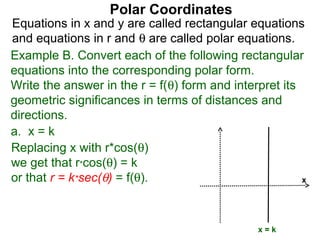 Polar Coordinates
Equations in x and y are called rectangular equations
and equations in r and θ are called polar equations.
Example B. Convert each of the following rectangular
equations into the corresponding polar form.
Write the answer in the r = f(θ) form and interpret its
geometric significances in terms of distances and
directions.
a. x = k
Replacing x with r*cos(θ)
we get that r*cos(θ) = k
or that r = k*sec(θ) = f(θ).                            x




                                               x=k
 
