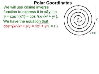 Polar Coordinates
We will use cosine inverse
function to express θ in x&y, i.e.
θ = cos–1(x/r) = cos–1(x/√x2 + y2 ).          x
We have the equation that
cos–1(x/√x2 + y2) = √x2 + y2 ( = r )     x

                                        r=θ
 