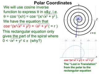 Polar Coordinates
We will use cosine inverse
function to express θ in x&y, i.e.
θ = cos–1(x/r) = cos–1(x/√x2 + y2 ).                                      x
We have the equation that
cos–1(x/√x2 + y2) = √x2 + y2 ( = r )                                  x
This rectangular equation only                                  r=θ
gives the part of the spiral where
0 < √x2 + y2 ≤ π (why?)


                                                                          x
                                       cos–1(x/√x2 + y2) = √x2 + y2
                                       The “Lost in Translation”
                                       from the polar to the
                                       rectangular equation
 