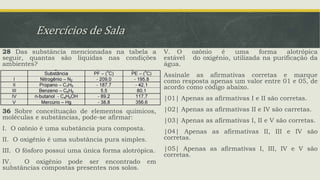 Exercícios de Sala
28 Das substância mencionadas na tabela a
seguir, quantas são líquidas nas condições
ambientes?
36 Sobre conceituação de elementos químicos,
moléculas e substâncias, pode-se afirmar:
I. O ozônio é uma substância pura composta.
II. O oxigênio é uma substância pura simples.
III. O fósforo possui uma única forma alotrópica.
IV. O oxigênio pode ser encontrado em
substâncias compostas presentes nos solos.
V. O ozônio é uma forma alotrópica
estável do oxigênio, utilizada na purificação da
água.
Assinale as afirmativas corretas e marque
como resposta apenas um valor entre 01 e 05, de
acordo como código abaixo.
|01| Apenas as afirmativas I e II são corretas.
|02| Apenas as afirmativas II e IV são carretas.
|03| Apenas as afirmativas I, II e V são corretas.
|04| Apenas as afirmativas II, III e IV são
corretas.
|05| Apenas as afirmativas I, III, IV e V são
corretas.
 