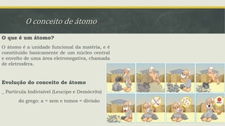 O conceito de átomo
O que é um átomo?
O átomo é a unidade funcional da matéria, e é
constituído basicamente de um núcleo central
e envolto de uma área eletronegativa, chamada
de eletrosfera.
Evolução do conceito de átomo
_ Partícula Indivisível (Leucipo e Demócrito)
do grego: a = sem e tomos = divisão
 
