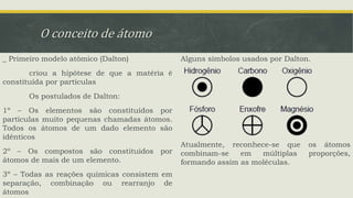 O conceito de átomo
_ Primeiro modelo atômico (Dalton)
criou a hipótese de que a matéria é
constituída por partículas
Os postulados de Dalton:
1º – Os elementos são constituídos por
partículas muito pequenas chamadas átomos.
Todos os átomos de um dado elemento são
idênticos
2º – Os compostos são constituídos por
átomos de mais de um elemento.
3º – Todas as reações químicas consistem em
separação, combinação ou rearranjo de
átomos
Alguns símbolos usados por Dalton.
Atualmente, reconhece-se que os átomos
combinam-se em múltiplas proporções,
formando assim as moléculas.
 