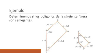 Ejemplo
Determinemos si los polígonos de la siguiente figura
son semejantes.
 