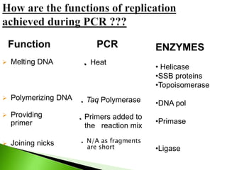 . N/A as fragments
are short
 Joining nicks
. Taq Polymerase Polymerizing DNA
. Primers added to
the reaction mix
 Providing
primer
PCRFunction
. Heat Melting DNA
ENZYMES
• Helicase
•SSB proteins
•Topoisomerase
•DNA pol
•Primase
•Ligase
 