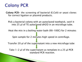 Colony PCR- the screening of bacterial (E.Coli) or yeast clones
for correct ligation or plasmid products.
Pick a bacterial colony with an autoclaved toothpick, swirl it
into 25 μl of TE autoclaved dH2O in an microfuge tube.
Heat the mix in a boiling water bath (90-100C) for 2 minutes
Spin sample for 2 minutes high speed in centrifuge.
Transfer 20 μl of the supernatant into a new microfuge tube
Take 1-2 μl of the supernatant as template in a 25 μl PCR
standard PCR reaction.
 