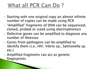  Starting with one original copy an almost infinite
number of copies can be made using PCR
 “Amplified” fragments of DNA can be sequenced,
cloned, probed or sized using electrophoresis
 Defective genes can be amplified to diagnose any
number of illnesses
 Genes from pathogens can be amplified to
identify them (i.e., HIV, Vibrio sp., Salmonella sp.
etc.)
 Amplified fragments can act as genetic
fingerprints
 