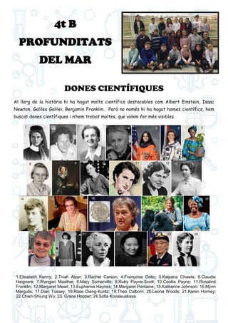 1.Elisabeth Kenny; 2.Tivah Alper; 3.Rachel Carson; 4.Françoise Dolto; 5.Kalpana Chawla; 6.Claudie
Haigneré; 7.Wangari Maathai; 8.Mary Somerville; 9.Ruby Payne-Scott; 10.Cecilia Payne; 11.Rosalind
Franklin; 12.Margaret Mead; 13.Euphemia Haynes; 14.Margaret Pontaine; 15.Katherine Johnson; 16.Mynn
Margulis; 17.Dian Tossey; 18.Rose Dieng-Kuntz; 19.Theo Colborn; 20.Leona Woods; 21.Karen Horney;
22.Chien-Shiung Wu; 23. Grace Hopper; 24.Sofia Kovaleuskaya.
DONES CIENTÍFIQUES
Al llarg de la història hi ha hagut molts científics destacables com Albert Einstein, Isaac
Newton, Galileo Galilei, Benjamin Franklin... Però no només hi ha hagut homes científics, hem
buscat dones científiques i n’hem trobat moltes, que volem fer més visibles.
4t B
PROFUNDITATS
DEL MAR
1 2 3 4 5 6 7
8 9 10 11 12 13
14 15 16 17 18
19 20 21 23
22 24
 