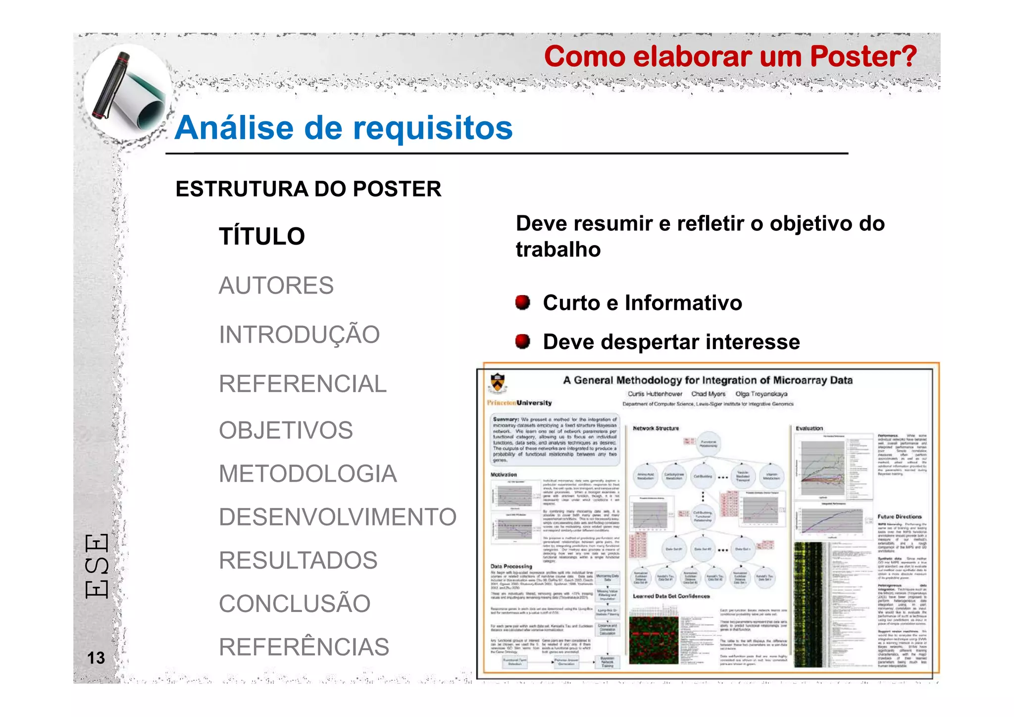 Como elaborar um Poster?
ESE
Análise de requisitos
13
ESTRUTURA DO POSTER
TÍTULO
AUTORES
INTRODUÇÃO
REFERENCIAL
OBJETIVOS
METODOLOGIA
DESENVOLVIMENTO
RESULTADOS
CONCLUSÃO
REFERÊNCIAS
Deve resumir e refletir o objetivo do
trabalho
Curto e Informativo
Deve despertar interesse
 