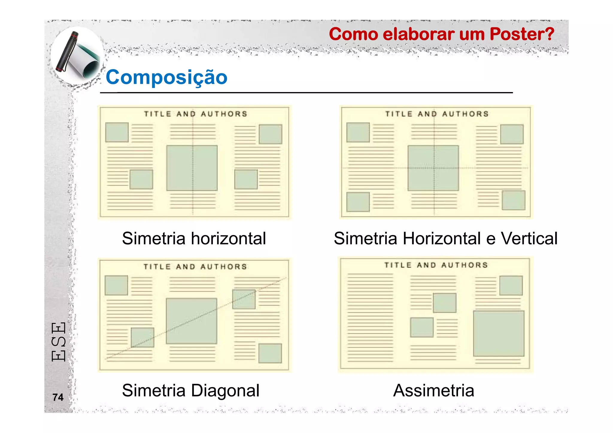 Como elaborar um Poster?
ESE
74
Composição
Simetria horizontal Simetria Horizontal e Vertical
Simetria Diagonal Assimetria
 