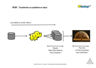 Copyright Mémorandum - Confidentiel - Toute reproduction interdite sans autorisation
MTBF : Transformer un problème en atout
Lent (dédié au mode “batch”)
Pas cher
(12 Keur/machine)
mais redondant !
Rapide
Map (Sort) Reduce
mais complexe !
25
 