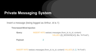 Private Messaging System
Insert a message (being logged as Arthur, id is 1)
Time-based Blind Injection
Query: INSERT INTO websec.messages (from_id, to_id, content)
VALUES ({$_SESSION[‘id’]}, $to, ‘Hi Ford!’);
Payload: 2
INSERT INTO websec.messages (from_id, to_id, content) VALUES (1, 2, ‘Hi Ford!’)
 