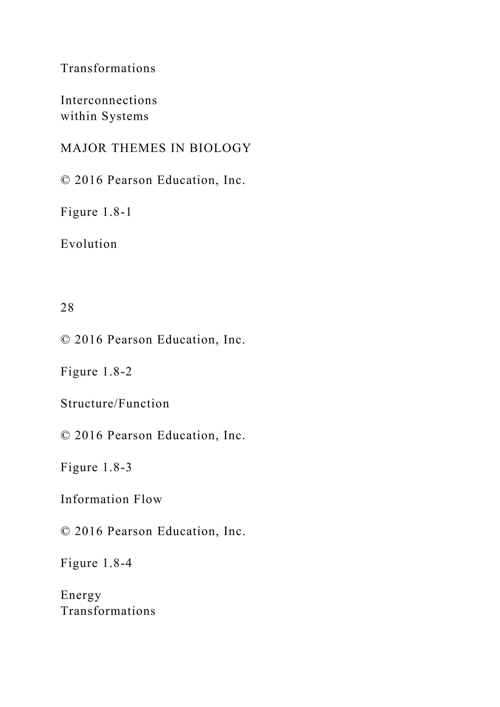 Transformations
Interconnections
within Systems
MAJOR THEMES IN BIOLOGY
© 2016 Pearson Education, Inc.
Figure 1.8-1
Evolution
28
© 2016 Pearson Education, Inc.
Figure 1.8-2
Structure/Function
© 2016 Pearson Education, Inc.
Figure 1.8-3
Information Flow
© 2016 Pearson Education, Inc.
Figure 1.8-4
Energy
Transformations
 