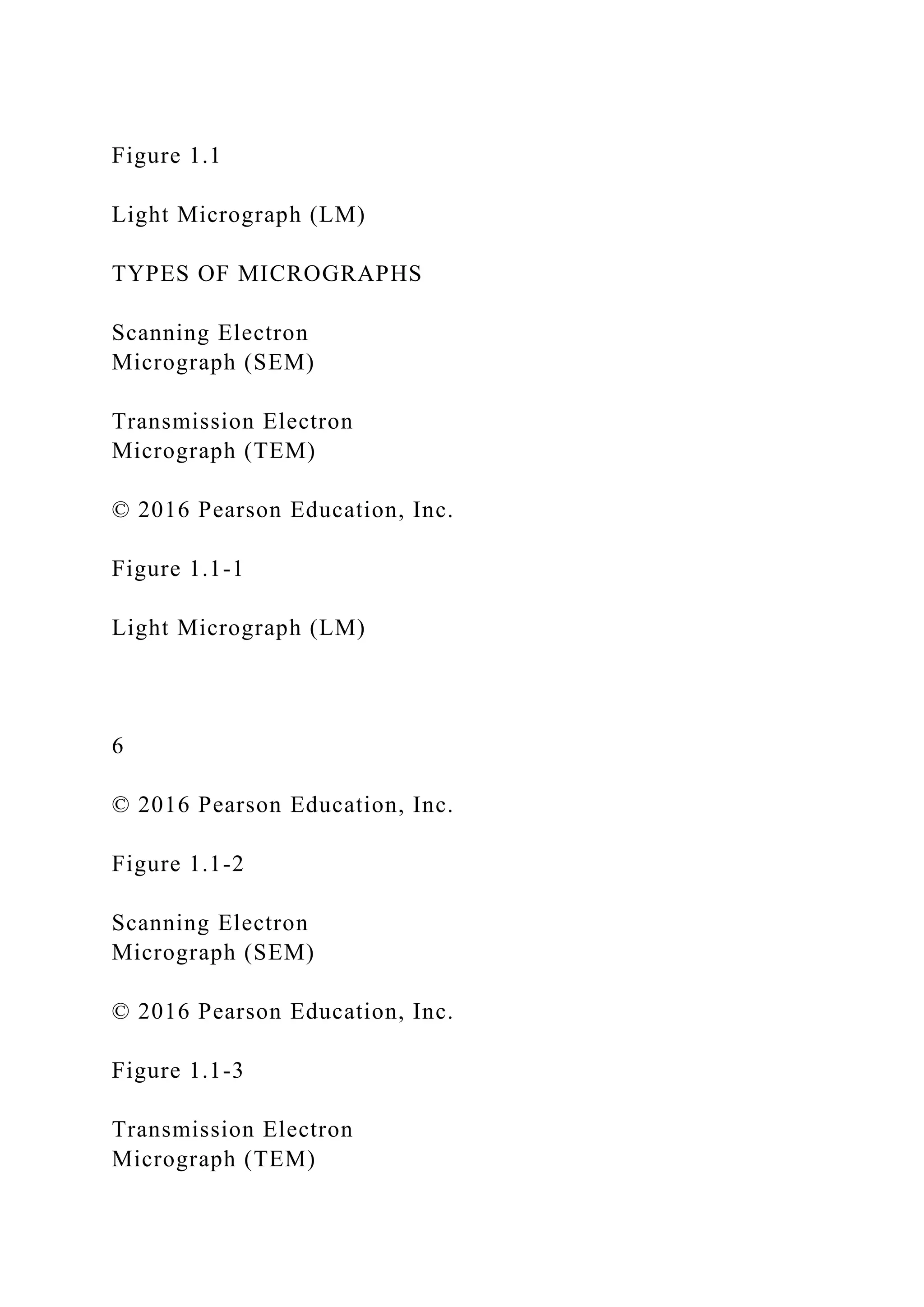 Figure 1.1
Light Micrograph (LM)
TYPES OF MICROGRAPHS
Scanning Electron
Micrograph (SEM)
Transmission Electron
Micrograph (TEM)
© 2016 Pearson Education, Inc.
Figure 1.1-1
Light Micrograph (LM)
6
© 2016 Pearson Education, Inc.
Figure 1.1-2
Scanning Electron
Micrograph (SEM)
© 2016 Pearson Education, Inc.
Figure 1.1-3
Transmission Electron
Micrograph (TEM)
 