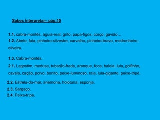 Sabes interpretar– pág.15
1.1. cabra-montês, águia-real, grifo, papa-figos, corço, gavião…
2.2. Estrela-do-mar, anémona, holotúria, esponja.
1.3. Cabra-montês.
2.1. Lagostim, medusa, tubarão-frade, arenque, foca, baleia, lula, golfinho,
cavala, cação, polvo, bonito, peixe-luminoso, raia, lula-gigante, peixe-tripé.
1.2. Abeto, faia, pinheiro-silvestre, carvalho, pinheiro-bravo, medronheiro,
oliveira.
2.3. Sargaço.
2.4. Peixe-tripé.
 