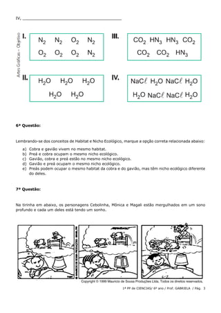 1ª PP de CIENCIAS/ 6º ano / Prof. GABRIELA / Pág. 3
IV, __________________________________________
6ª Questão:
Lembrando-se dos conceitos de Habitat e Nicho Ecológico, marque a opção correta relacionada abaixo:
a) Cobra e gavião vivem no mesmo habitat.
b) Preá e cobra ocupam o mesmo nicho ecológico.
c) Gavião, cobra e preá estão no mesmo nicho ecológico.
d) Gavião e preá ocupam o mesmo nicho ecológico.
e) Preás podem ocupar o mesmo habitat da cobra e do gavião, mas têm nicho ecológico diferente
do deles.
7ª Questão:
Na tirinha em abaixo, os personagens Cebolinha, Mônica e Magali estão mergulhados em um sono
profundo e cada um deles está tendo um sonho.
 