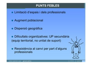 PUNTS FEBLES

  Limitació d’espais i dels professionals

  Augment poblacional

  Dispersió geogràfica

  Dificultats organitzatives: UP secundària
(equip territorial, no unitat de suport)

  Ressistència al canvi per part d’alguns
  professionals
 