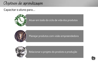Ojtopzgm
Capacitar o aluno para...


                    Atuar em todo do ciclo de vida dos produtos




                    Planejar produtos com visão empreendedora




                    Relacionar o projeto do produto e produção
 