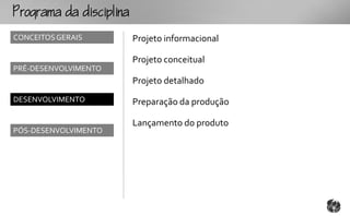 ogmcp
CONCEITOS GERAIS      Projeto informacional

                      Projeto conceitual
PRÉ-DESENVOLVIMENTO
                      Projeto detalhado
DESENVOLVIMENTO       Preparação da produção

                      Lançamento do produto
PÓS-DESENVOLVIMENTO
 