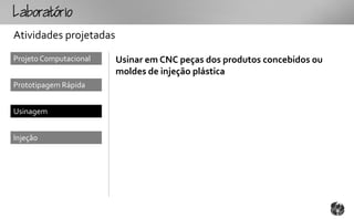 Loto
Atividades projetadas
Projeto Computacional   Usinar em CNC peças dos produtos concebidos ou
                        moldes de injeção plástica
Prototipagem Rápida


Usinagem


Injeção
 