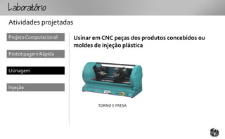 Loto
Atividades projetadas
Projeto Computacional   Usinar em CNC peças dos produtos concebidos ou
                        moldes de injeção plástica
Prototipagem Rápida


Usinagem


Injeção


                                TORNO E FRESA
 