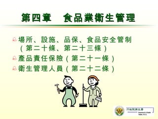 第四章　食品業衛生管理 場所 、設施、品保、食品安全管制（第二十條、第二十三條） 產品責任保險（第二十一條） 衛生管理人員（第二十二條） 