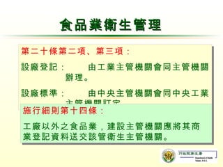食品業衛生管理 第二十條第二項、第三項： 設廠登記： 由工業主管機關會同主管機關辦理。 設廠標準： 由中央主管機關會同中央工業主管機關訂定。 施行細則第十四條： 工廠以外之食品業，建設主管機關應將其商業登記資料送交該管衛生主管機關。 