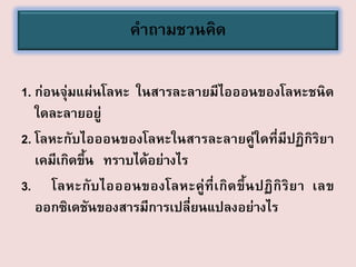 คาถามชวนคิด
1. ก่อนจุ่มแผ่นโลหะ ในสารละลายมีไอออนของโลหะชนิด
ใดละลายอยู่
2. โลหะกับไอออนของโลหะในสารละลายคู่ใดที่มีปฏิกิริยา
เคมีเกิดขึ้น ทราบได้อย่างไร
3. โลหะกั บ ไอออนของโลหะคู่ ที่ เ กิ ด ขึ้ น ปฏิ กิ ริ ย า เลข
ออกซิเดชันของสารมีการเปลี่ยนแปลงอย่างไร

 