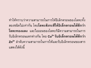 ทาให้ทราบว่าความสามารถในการให้อิเล็กตรอนของโลหะทั้ง
สองชนิดไม่เท่ากัน โดยโลหะสังกะสีให้อิเล็กตรอนได้ดีกว่า
โลหะทองแดง และไอออนของโลหะก็มีความสามารถในการ
รับอิเล็กตรอนแตกต่างกัน โดย Cu2+ รับอิเล็กตรอนได้ดีกว่า
Zn2+ ลาดับความสามารถในการให้และรับอิเล็กตรอนของสาร
แสดงได้ดังนี้

 