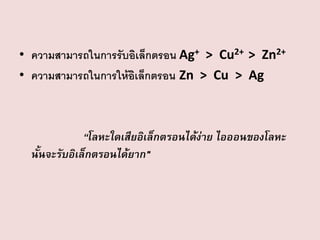 • ความสามารถในการรับอิเล็กตรอน Ag+ > Cu2+ > Zn2+
• ความสามารถในการให้อิเล็กตรอน Zn > Cu > Ag

“โลหะใดเสียอิเล็กตรอนได้ง่าย ไอออนของโลหะ
นั้นจะรับอิเล็กตรอนได้ยาก"

 