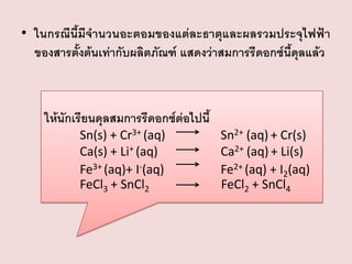• ในกรณีนี้มีจานวนอะตอมของแต่ละธาตุและผลรวมประจุไฟฟ้า
ของสารตั้งต้นเท่ากับผลิตภัณฑ์ แสดงว่าสมการรีดอกซ์นี้ดุลแล้ว

ให้นักเรียนดุลสมการรีดอกซ์ต่อไปนี้
Sn(s) + Cr3+ (aq)
Ca(s) + Li+ (aq)
Fe3+ (aq)+ I-(aq)
FeCl3 + SnCl2

Sn2+ (aq) + Cr(s)
Ca2+ (aq) + Li(s)
Fe2+ (aq) + I2(aq)
FeCl2 + SnCl4

 