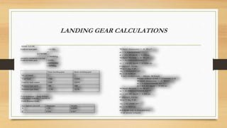 LANDING GEAR CALCULATIONS
Wheel diameter = A WW
B
d = 1.59(56548)0.315
d = 51.19 inch = 1.30 m
Wheel Width = A WW
B
w = 0.1043(56548)0.48
w = 19.92 inch = 0.506 m
C on tact Ar ea :
WW = Ap * P
AP = 0.04103 m2
Rt = 0.628 m
T yr e Selection – Main Wh eel
Main wheel load = 254468.5 N
Wheel diameter = A WW
B
d = 1.63(254468.5)0.315
d = 82.21 inch = 2.08 m
Wheel Width = A WW
B
w = 0.1043(254468.5)0.48
w = 41.01 inch = 1.04 m
C on tact Ar ea :
WW = Ap * P
AP = 0.1846 m2
Rt = 0.985 m
R UNWAY L OADING:
For main wheel,
NOSE GEAR:
Load on nose gear = 0.1W0
=
0.1*65000
= 56500 kg
MAIN LANDING GEAR:
Load on main gear = 0.9W0
= 0.9*65000
= 58500kg
Tyre Selection – Nose Wheel
Nose wheel load WW = 56548 N
From Reymer book,
For fighter aircraft Diameter Width
A 1.59 0.0989
B 0.302 0.467
Nose landing gear Main landing gear
No. of wheel 1 2
Total load 5700 51300
Load by each wheel 5700 25650
Pressure type (psi) 200 200
Pressure type (bar) 13.78 13.78
 