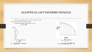 ELLIPTICAL LIFT DISTRIBUTION(Y2):
Twice the area under the curve or line will give the lift
which will be required to overcome weight.
Considering an elliptic lift distribution, we get
Where,
b1=
Actual
lift at
root a=
wing
semi
span
W = Gross Weight in kg
 
