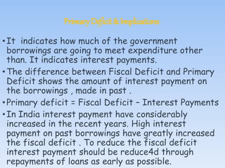 Primary Deficit & Implications
•It indicates how much of the government
borrowings are going to meet expenditure other
tha...