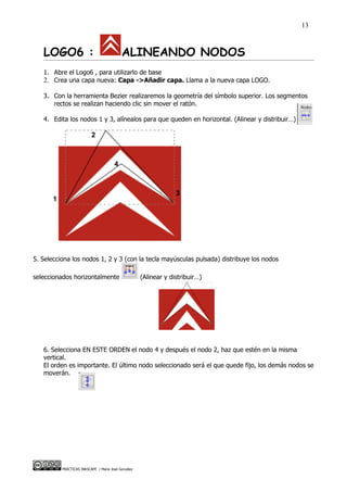 13



   LOGO6 :                                  ALINEANDO NODOS
   1. Abre el Logo6 , para utilizarlo de base
   2. Crea una capa nueva: Capa ->Añadir capa. Llama a la nueva capa LOGO.

   3. Con la herramienta Bezier realizaremos la geometría del símbolo superior. Los segmentos
      rectos se realizan haciendo clic sin mover el ratón.

   4. Edita los nodos 1 y 3, alínealos para que queden en horizontal. (Alinear y distribuir…)

                           2                          5.

                                                      6.
                                                      7.
                                        4             8.
                                                      9.


                                                                    3
       1




5. Selecciona los nodos 1, 2 y 3 (con la tecla mayúsculas pulsada) distribuye los nodos

seleccionados horizontalmente                          (Alinear y distribuir…)




   6. Selecciona EN ESTE ORDEN el nodo 4 y después el nodo 2, haz que estén en la misma
   vertical.
   El orden es importante. El último nodo seleccionado será el que quede fijo, los demás nodos se
   moverán.




           PRÁCTICAS INKSCAPE / María José González
 